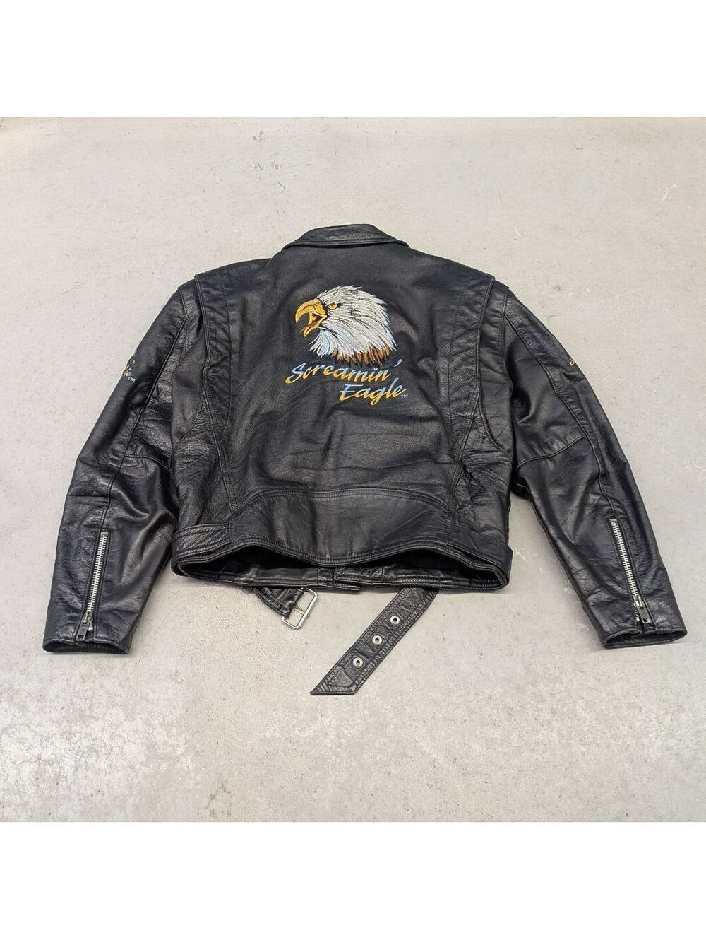 Vintage 90s Screaming Eagle Black Leather Motorcycle Jacket